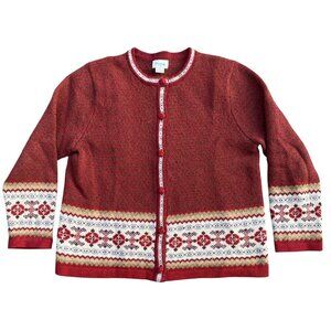 Cambridge 100% Wool Fair Isle Button Front Cardigan Sz L Nordic Granny Fisherman